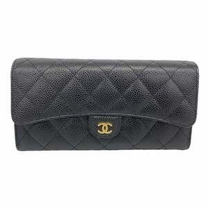 Chanel long wallet, Matelassé caviar leather, black, women's.